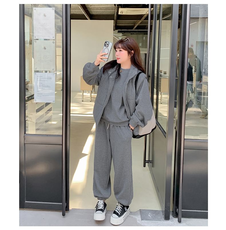 Plus Size Stand Collar Melange Padded Button Vest / Round Neck Pullover / Drawstring Waist Baggy Sweatpants