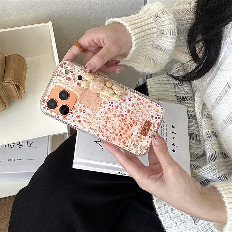 Floral Panel Phone Case / 3D Rabbit Adhesive Decoration / Set