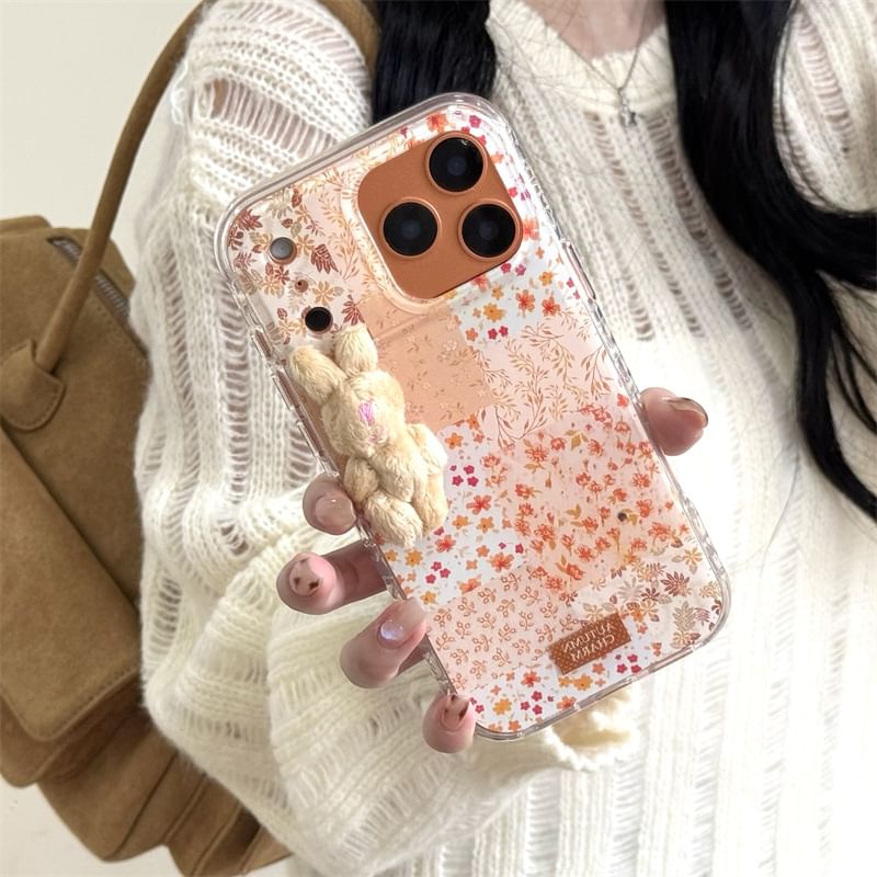 Floral Panel Phone Case / 3D Rabbit Adhesive Decoration / Set
