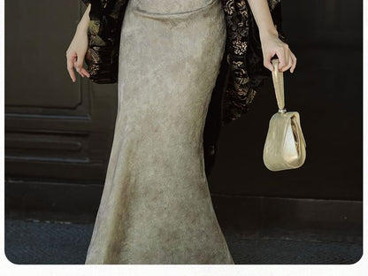 Sleeveless Keyhole Maxi Qipao / Floral Light Jacket / Set