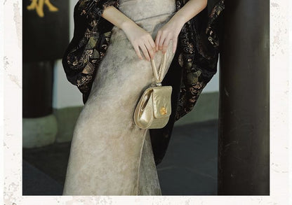 Sleeveless Keyhole Maxi Qipao / Floral Light Jacket / Set