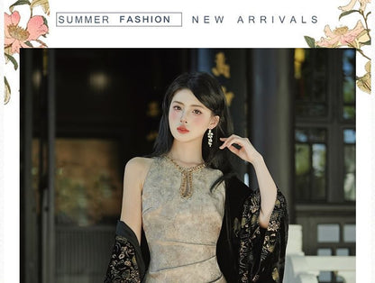 Sleeveless Keyhole Maxi Qipao / Floral Light Jacket / Set