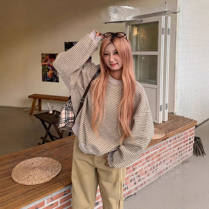Striped Round-Collar Pullover with Extended Sleeves
