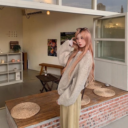 Striped Round-Collar Pullover with Extended Sleeves