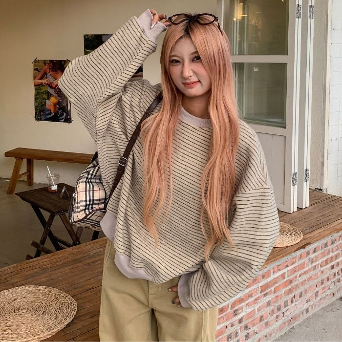 Striped Round-Collar Pullover with Extended Sleeves