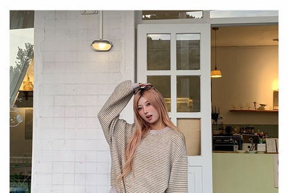 Striped Round-Collar Pullover with Extended Sleeves