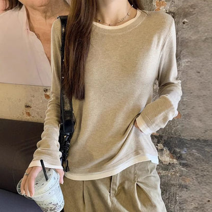 Two-Tone Crewneck Faux Layer Extended Sleeve Tee