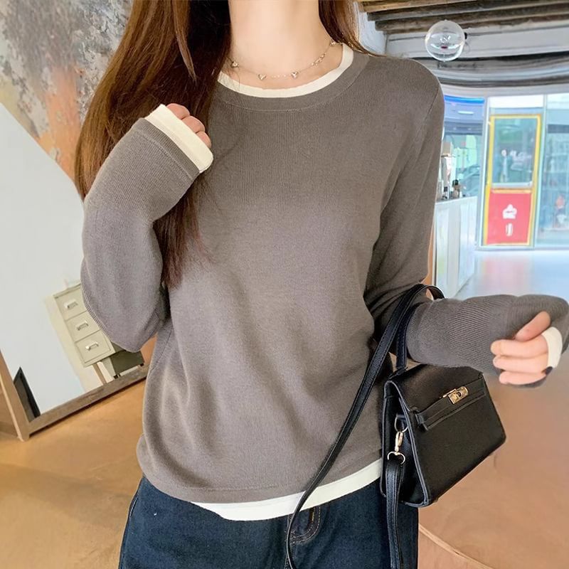 Two-Tone Crewneck Faux Layer Extended Sleeve Tee