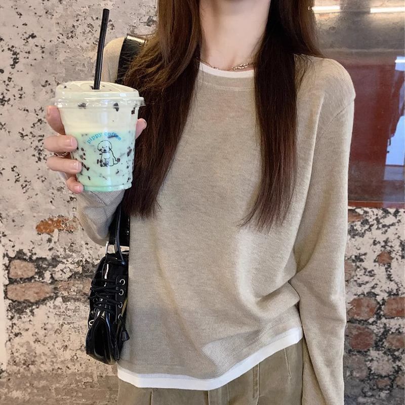 Two-Tone Crewneck Faux Layer Extended Sleeve Tee