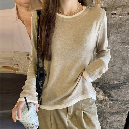 Two-Tone Crewneck Faux Layer Extended Sleeve Tee