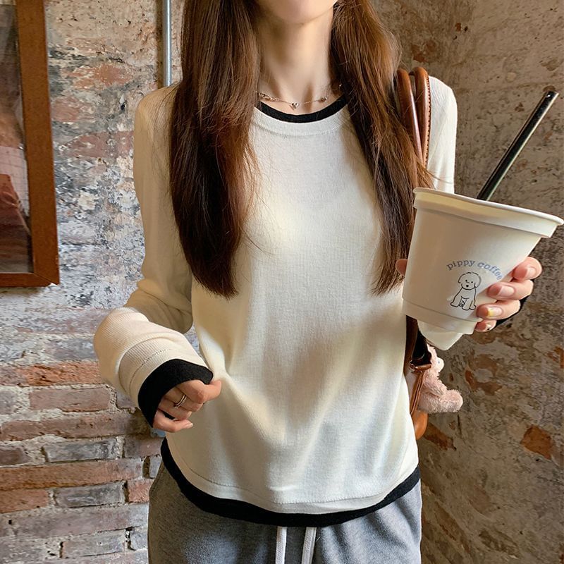 Two-Tone Crewneck Faux Layer Extended Sleeve Tee