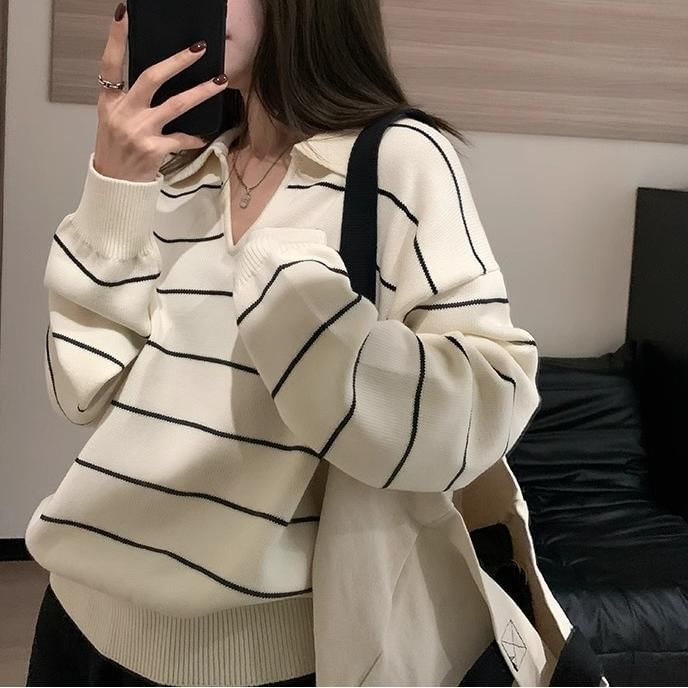 Striped Knit Extended Sleeve Polo Collar Shirt