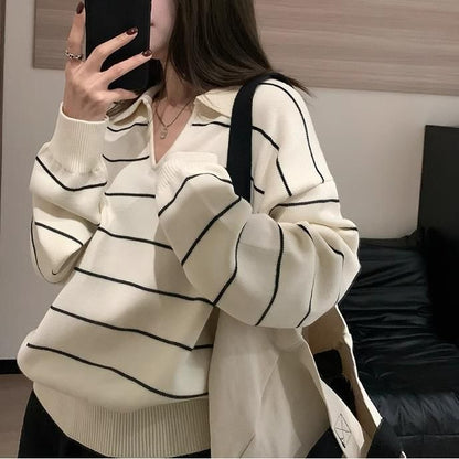 Striped Knit Extended Sleeve Polo Collar Shirt