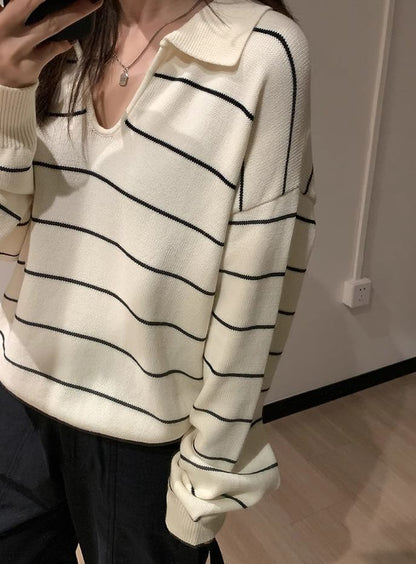 Striped Knit Extended Sleeve Polo Collar Shirt