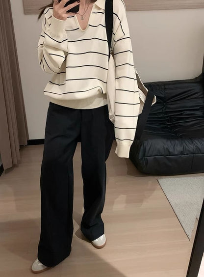 Striped Knit Extended Sleeve Polo Collar Shirt