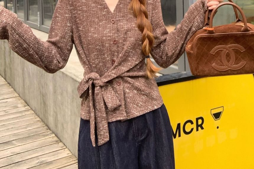 Tie-Side Melange V-Neck Extended Sleeve Knit Top