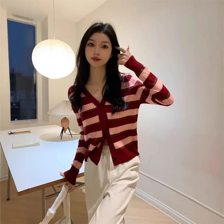V-Neck Striped Ribbed Button-Up Cardigan