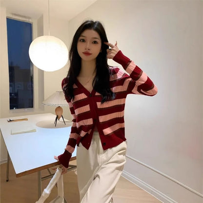 V-Neck Striped Ribbed Button-Up Cardigan
