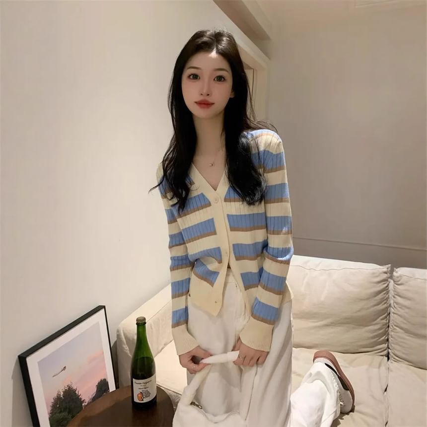 V-Neck Striped Ribbed Button-Up Cardigan