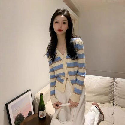 V-Neck Striped Ribbed Button-Up Cardigan