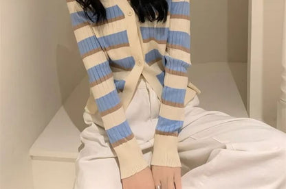 V-Neck Striped Ribbed Button-Up Cardigan