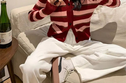 V-Neck Striped Ribbed Button-Up Cardigan