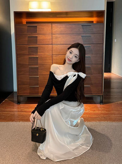 Lace Panel Off-Shoulder Faux Layer Extended Sleeve Tee