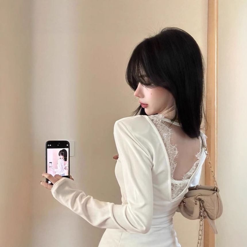 Open Back Lace Asymmetric V-Neck Extended Sleeve Top