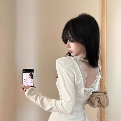 Open Back Lace Asymmetric V-Neck Extended Sleeve Top