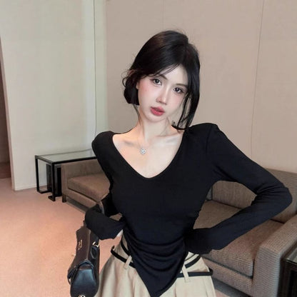 Open Back Lace Asymmetric V-Neck Extended Sleeve Top