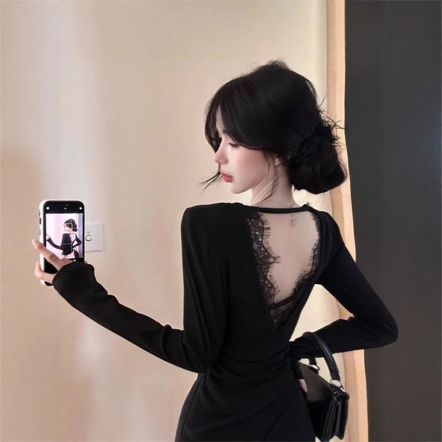 Open Back Lace Asymmetric V-Neck Extended Sleeve Top