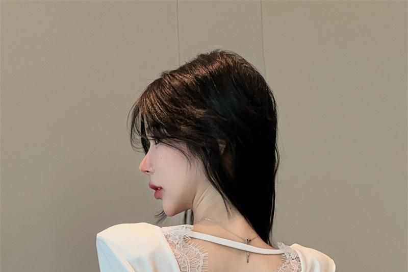 Open Back Lace Asymmetric V-Neck Extended Sleeve Top