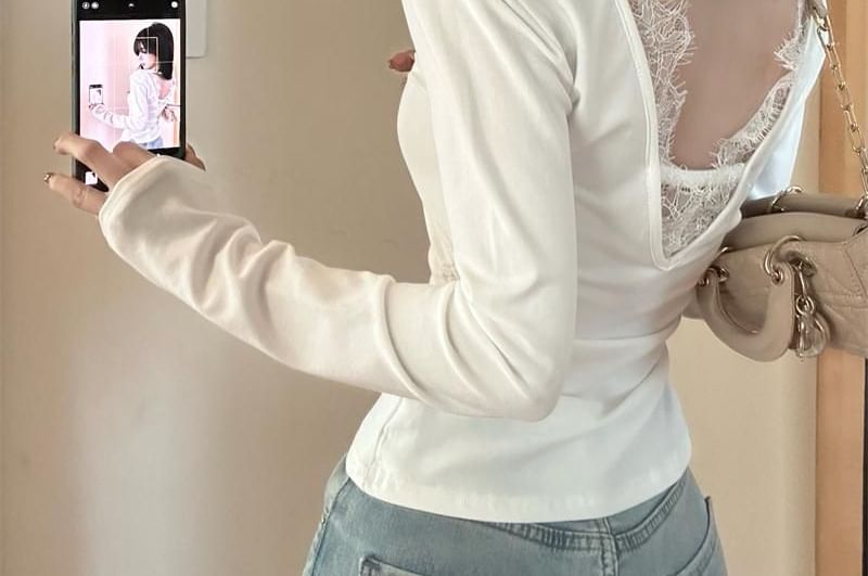 Open Back Lace Asymmetric V-Neck Extended Sleeve Top