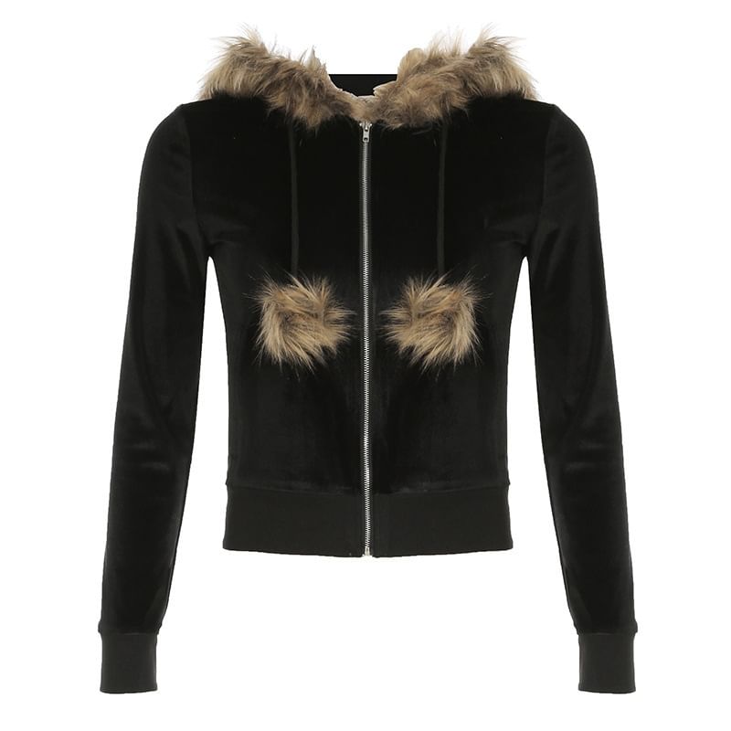 Long Sleeve Faux Fur Trim Velvet Zip-Up Hooded Jacket