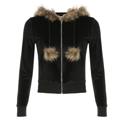 Long Sleeve Faux Fur Trim Velvet Zip-Up Hooded Jacket