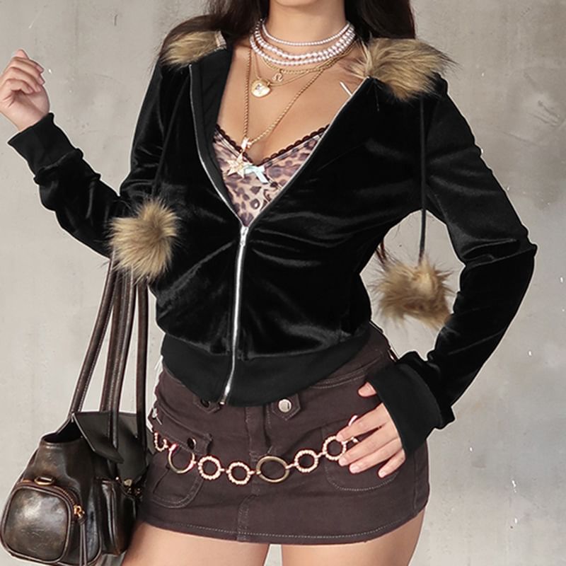 Long Sleeve Faux Fur Trim Velvet Zip-Up Hooded Jacket