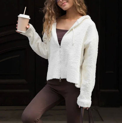 Long Sleeve Plain Furry Cropped Zip-Up Hooded Jacket