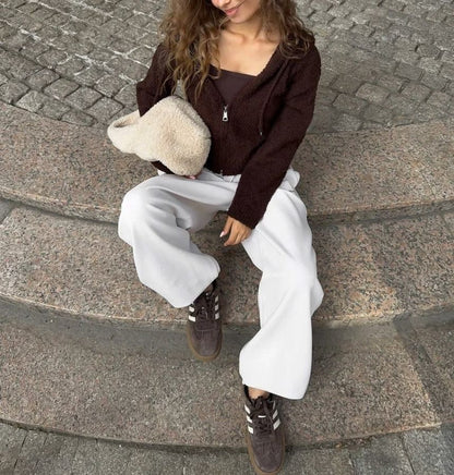 Long Sleeve Plain Furry Cropped Zip-Up Hooded Jacket