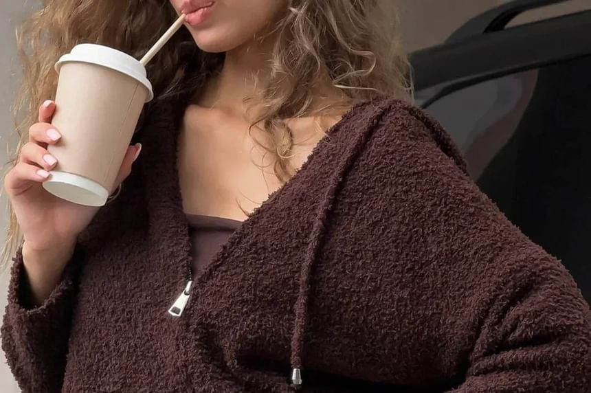 Long Sleeve Plain Furry Cropped Zip-Up Hooded Jacket