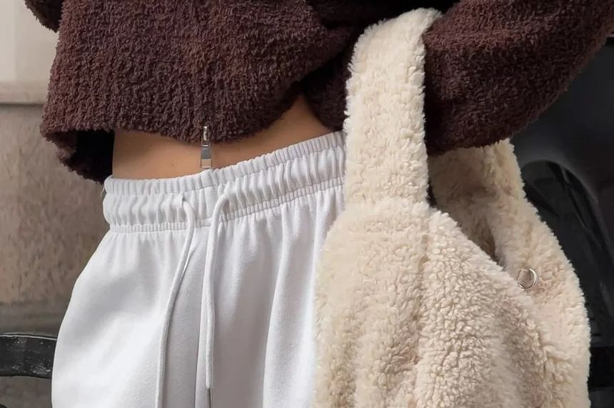 Long Sleeve Plain Furry Cropped Zip-Up Hooded Jacket