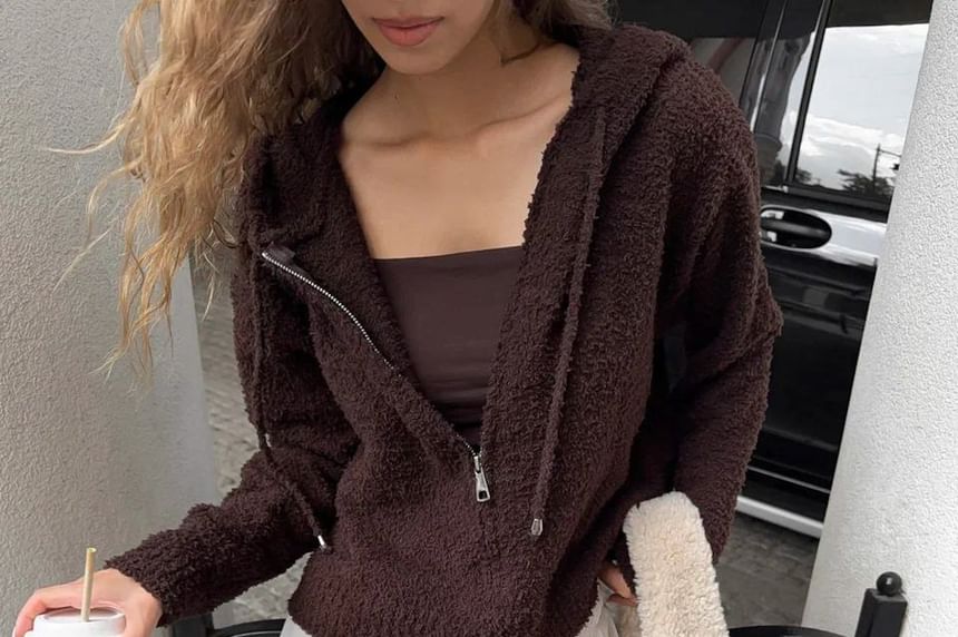 Long Sleeve Plain Furry Cropped Zip-Up Hooded Jacket