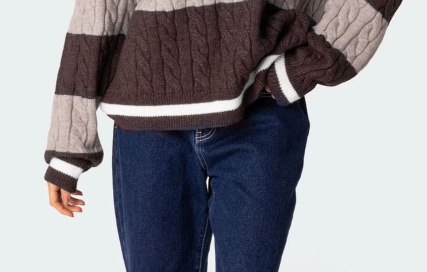 Contrast Trim Striped Cable Knit Loose V-Neck Sweater