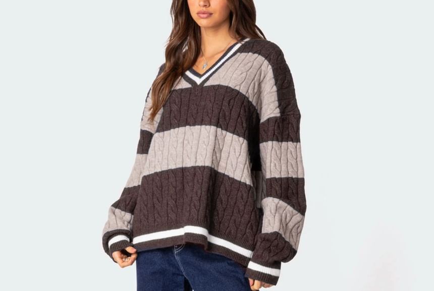 Contrast Trim Striped Cable Knit Loose V-Neck Sweater