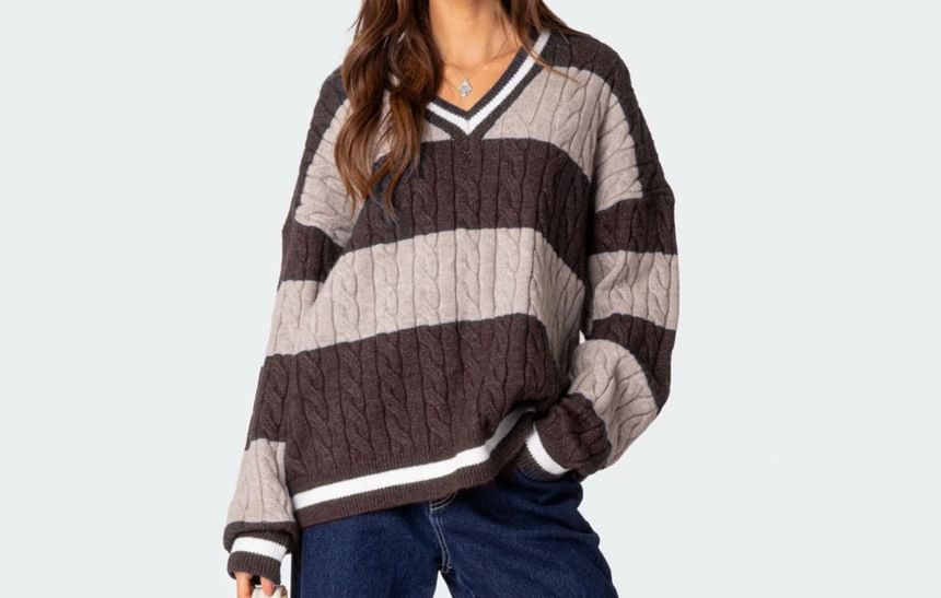 Contrast Trim Striped Cable Knit Loose V-Neck Sweater