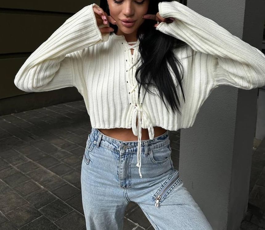 Cropped Ribbed Sweater with Lace-Up Detail and Long Sleeves