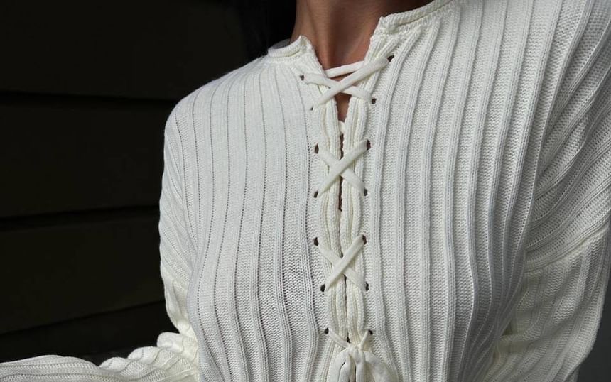 Cropped Ribbed Sweater with Lace-Up Detail and Long Sleeves