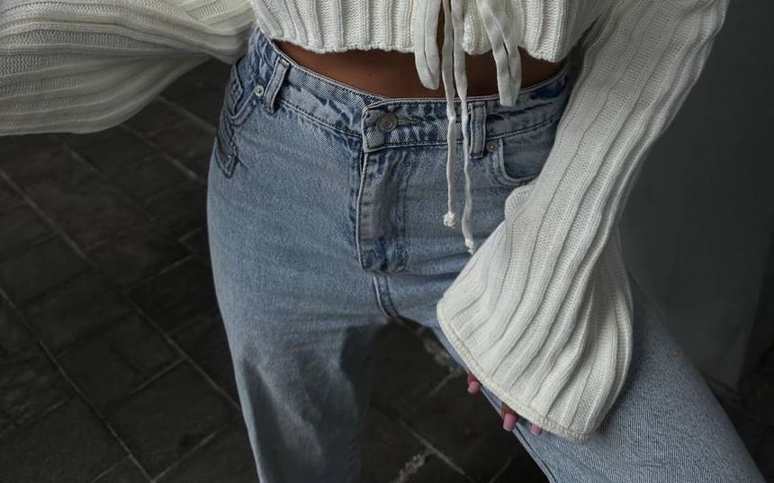 Cropped Ribbed Sweater with Lace-Up Detail and Long Sleeves