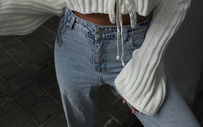 Cropped Ribbed Sweater with Lace-Up Detail and Long Sleeves
