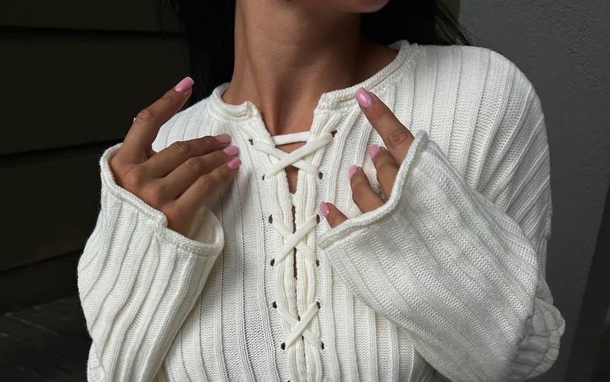 Cropped Ribbed Sweater with Lace-Up Detail and Long Sleeves