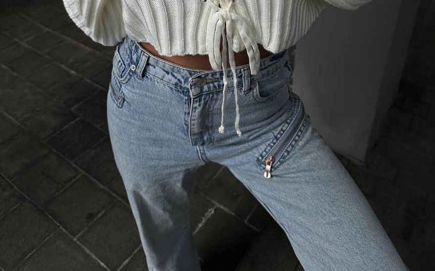 Cropped Ribbed Sweater with Lace-Up Detail and Long Sleeves